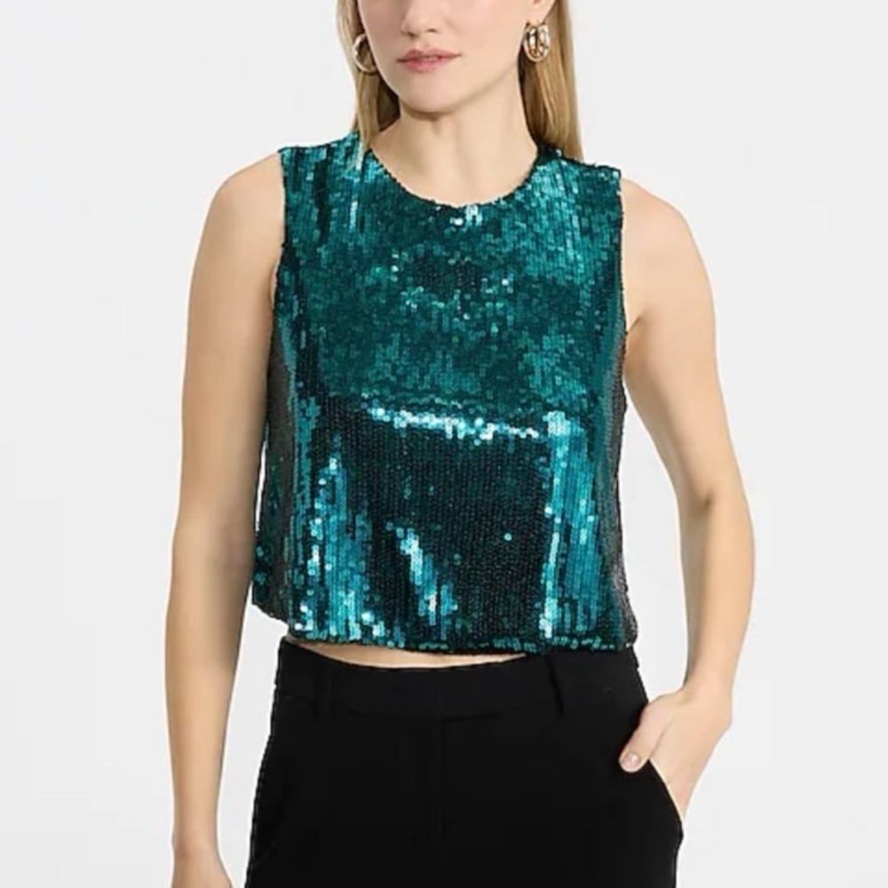 New Express Women's Teal Green Sequin Sleeveless Cropped Party‎ Top Size XS $59